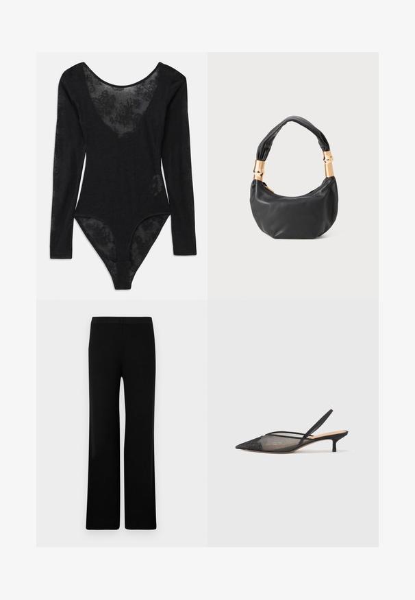 Body nero con maniche lunghe e scollatura profonda. Presenta un pannello in pizzo floreale trasparente nella parte frontale e tessuto testurizzato in tutto il capo.; Pantaloni neri a gamba larga con una texture liscia e una vita elastica, caratterizzati da un design a coste. Taglio semplice e versatile.; NEOUS IRENA - Decolleté - black; Borsa a tracolla in pelle nera con una forma rotonda, texture morbida e manico annodato con dettagli in metallo dorato. Chiusura con zip.