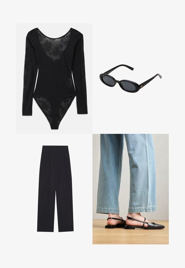 Svart bodysuit med lång ärm och djup u-ringning. Har en genomskinlig blommönstrad spetspanel framtill och strukturerad tyg över hela.; Svarta vida byxor i ett slätt material, med veck, en platt midjeband och utan synliga fickor eller dekorationer.; Svart läder slingback-skor med spetsig tå, platt häl och ankelrem; bärs med ljusblå vida jeans.; Svarta överdimensionerade solglasögon med ovala linser, slät plastbåge och guldaccent på bågarna. Mörka linser ger solskydd.
