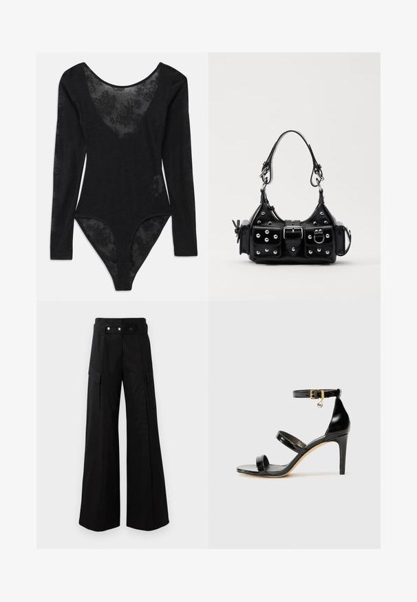 Zwarte body met lange mouwen en een diepe ronde hals. Beschikt over een doorzichtige bloemenkantpaneel aan de voorkant en een gestructureerde stof overal.; Zwarte wijde broek met hoge tailleband, voorzien van grote zijzakken, twee knopen aan de voorkant en een lusdetail. Gemaakt van stevige stof.; Zwarte gepatineerde leren sandaal met drie banden, enkelgesp en 10 cm hoge stiletto hak. Bevat gouden hardwaredetails en een logo charm.; Zwarte lederen handtas met een gebogen ontwerp, voorzien van zilveren studs, een gesp en twee zijvakken. Verstelbare schouderband voor verschillende draagmogelijkheden.
