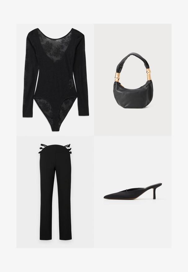 Sort bodysuit med lange ærmer og dyb udskæring. Har et gennemsigtigt blomstret lace-panel foran og tekstureret stof over det hele.; Sorte bukser med lige ben-design, der har en talje med sorte bånddetaljer på ryggen. Glat stof uden synlige mønstre.; Sort spidsed mule med et slankt design, lavet af glat stof, med en slank hæl og åbent bagtil for nem påklædning.; Sort læder håndtaske med rund form, blød tekstur og en knyttet hank med guldfarvede hardware detaljer. Lynlåslukning.