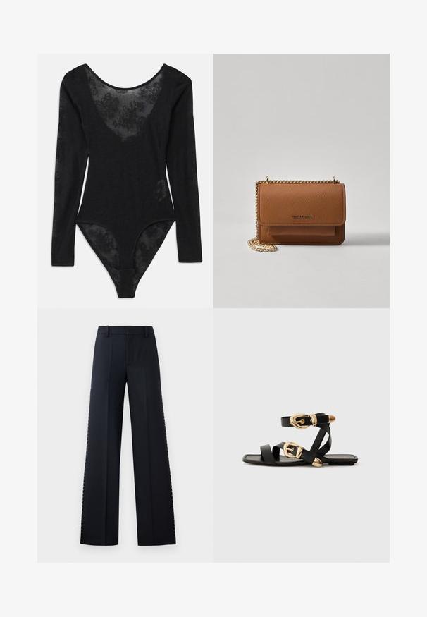 Sort bodysuit med lange ærmer og dyb udskæring. Har et gennemsigtigt blomstret lace-panel foran og tekstureret stof over det hele.; Bredde-bukke i sort. Skræddersyet pasform med en glat tekstur. Har en række metalnitter langs sidesømmene for detaljer.; Sorte lædersandaler med guldspænde detaljer, der har flere stropper og et fladt såldesign til åbne tåer.; Brun tekstureret læder crossover-taske med guldkæde-rem og klaplukning. Forsiden har logo-detalje og en lomme under klappen.
