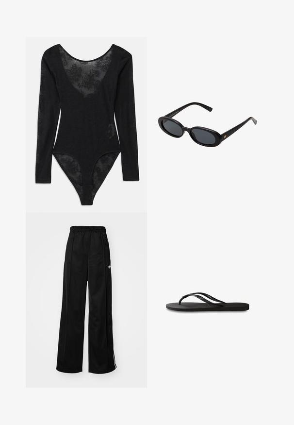 Sort bodysuit med lange ærmer og dyb udskæring. Har et gennemsigtigt blomstret lace-panel foran og tekstureret stof over det hele.; Sorte brede træningsbukser med elastisk talje, prydet med hvide side-striber og et lille logo på venstre hofte. Glat stofstruktur.; Sorte flip-flop med en tekstureret gummisål, to slanke stropper og et subtilt, præget logodetalje på stroppen.; Store store