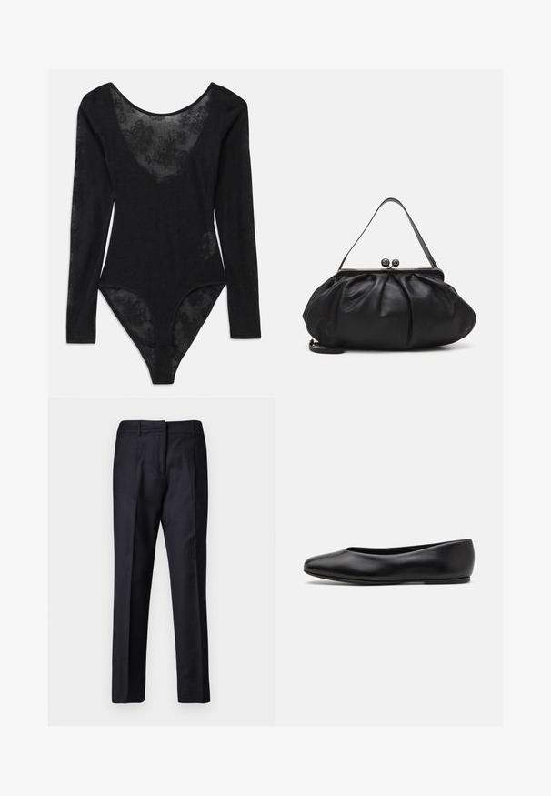 Black bodysuit with long sleeves and a deep scoop neckline. Features sheer floral lace panel at the front and textured fabric throughout.; Navy tailored trousers with a smooth texture, featuring a flat front, dual pleats, and belt loops. Straight-leg cut, finished hem.; Paul Smith TOPANGA - Ballet pumps - black; Black leather handbag with a rounded, pleated design. Features a metallic clasp with two decorative balls and a slim, detachable strap.