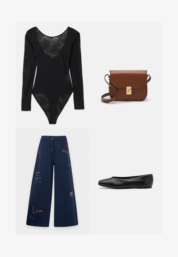 Černé body s dlouhými rukávy a hlubokým výstřihem. Obsahuje průhlednou květinovou krajkovou část v přední části a strukturovanou tkaninu po celém povrchu.; Námořnické modré široké kalhoty z bavlny s několika kapsami. Obsahují barevné vyšívané texty a grafiku včetně srdíček a hravých frází.; Paul Smith TOPANGA - Klasické baleríny - black; Hnědá kožená kabelka s klopou, zlatými kovovými detaily, ramenním popruhem a hladkým povrchem. Kompaktní obdélníkový tvar.