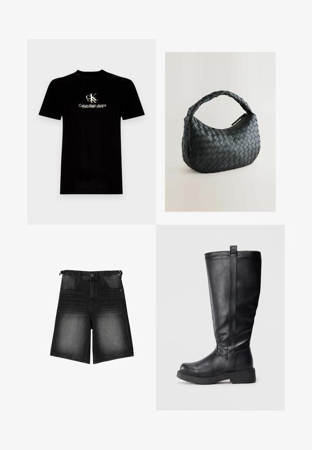 Černé bavlněné tričko s krátkým rukávem, na přední straně s bílým a zlatým logem "CK" a textem "Calvin Klein Jeans". Standardní střih.; Černé džínové šortky s vyšisovaným vzhledem, pěti kapsami, knoflíkovým zapínáním a poutky na opasek. Materiál má hladkou texturu.; Černé kozačky až ke kolenům vyrobené z hladké kůže s plochou podrážkou, s bočním švem a malým poutkem nahoře pro snadné obouvání.; Černá tkaná kabelka s kulatým tvarem, texturovaným povrchem a silným pleteným držadlem. Zahrnuje zipové zavírání pro bezpečné uložení.