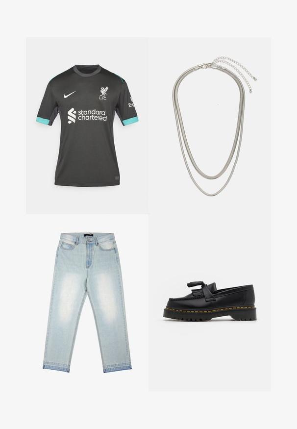 Nike Performance LIVERPOOL STADIUM AWAY - Klubruházat - night forest/anthracite/washed teal/sail; Pegador BARROW - Bő szabású farmernadrág - sand washed blue; Fekete bőr mokaszin, rojtos díszítéssel, masszív fekete talppal és sárga varrással az élén. Texturált felület.; Háromrétegű ezüstszínű fém nyaklánc, letisztult, rugalmas láncokkal, enyhe fényességgel, homárkapoccsal rögzítve és állítható lánccal.