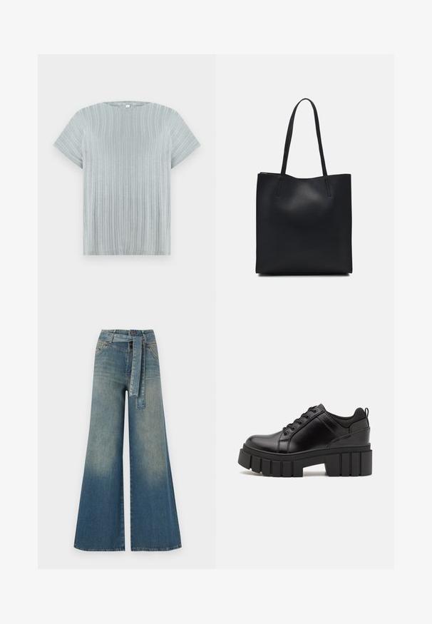 Šviesiai pilkas trumpomis rankovėmis viršus su raukšlėta tekstūra ir apvaliu iškirpimu, kuriame yra vertikalios juostelės per audinį.; Platus džinsinis kelnes su šviesiai tamsiai mėlynu gradientu, aukštu juosmeniu, diržo kilpomis ir atitinkančiu audinio diržu. Textūruotas džinsinis paviršius.; Juodi odiniai platformos batai su masyviu blokuota kulniuku, apvalia nosimi ir tradiciniu šnypštimo dizainu. Turintys glotnų paviršių ir minimalų dekoravimą.; Juodas odinis tote krepšys su lygia tekstūra, stačiakampio formos ir dviem ilgais rankenomis. Matomų metalinių detalių ar puošybos nėra.