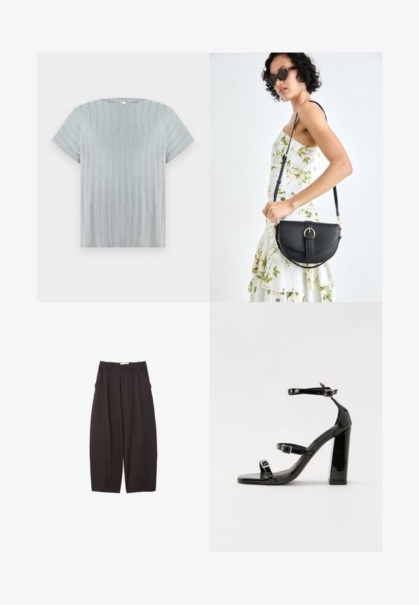 Svijetlo siva majica kratkih rukava sa rebrastom teksturom i okruglim izrezom, koja ima vertikalne pruge na tkanini.; Crne široke hlače napravljene od glatke tkanine, s visokim strukom, prednjim nabranjima i bočnim džepovima. Jednostavan dizajn bez ukrasa.; Crne lakirane sandale na visoku petu s dva remena s kopčama, kvadratnim vrhom i masivnom blok petom, s glatkom, sjajnom teksturom.; Crna kožna torba s lukovitim oblikom, odvojivim remenom i zlatnim detaljima. Torba ima preklop s kopčom.