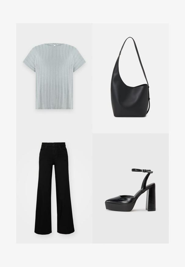 Light grey short-sleeve top with a ribbed texture and round neckline, featuring vertical stripes across the fabric.; Black wide-leg pants made of denim, featuring a structured waistband, belt loops, and front pockets. Smooth texture with a classic design.; Black platform heels with a pointed toe and adjustable ankle strap. Constructed from smooth leather, featuring a chunky block heel.; Black leather hobo bag with a smooth texture, curved shape, and single adjustable strap; features a wide opening at the top.