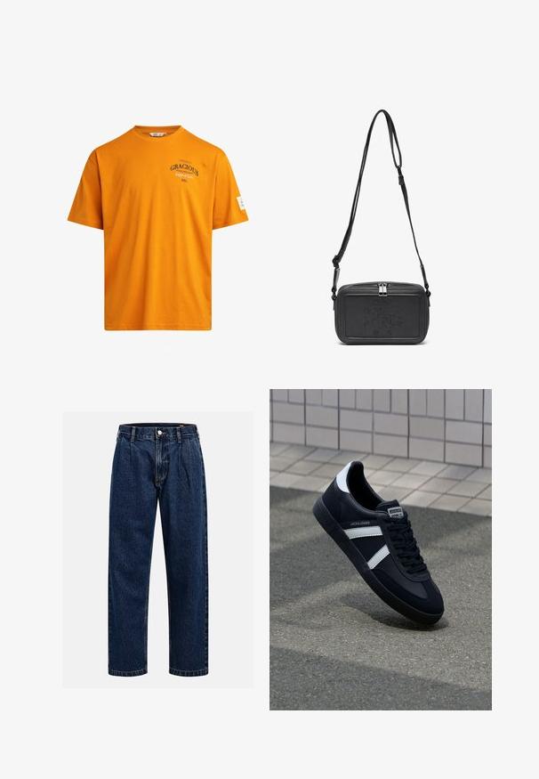 Oranges Baumwoll-T-Shirt mit kurzen Ärmeln, rundem Halsausschnitt und bedrucktem Text. Verfügt über ein Etikett am linken Ärmel und einen geraden Saum.; Dunkelblaue Denim-Jeans mit geradem Bein. Mit sichtbaren Nähten, einem Knopfverschluß und Frontfalten für zusätzliche Details.; Schwarze Leder-Sneaker mit weißen Streifen, strukturiertem Gummisohle und Schnürung. Verfügt über ein Markenetikett auf der Zunge.; Schwarze Leder-Crossbody-Tasche mit einem Reißverschluss, geprägtem Logo auf der Vorderseite und verstellbarem Riemen. Glatte Textur mit rechteckiger Form.