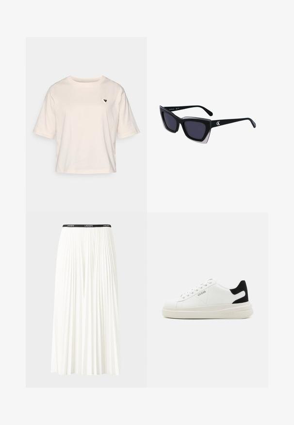 Svetlo béžový skrátený tričko z bavlny. Má krátke rukávy a malé trojuholníkové logo na ľavej strane hrude. Jednoduchý dizajn, voľný strih.; Plisovaná biela sukňa s čiernym elastickým pásom s logom "LACOSTE". Sukňa je stredne dlhá a má mäkkú textúru.; Biele kožené tenisky s hrubou bielou podrážkou, čiernym zamekom na päte a vyrazeným logom na boku. Šnurovací dizajn so šiestimi očkami.; Čierne oversized slnečné okuliare s geometrickým tvarom, s tmavými šošovkami a kontrastným šedým detailom na ráme. Logo na mostíku.