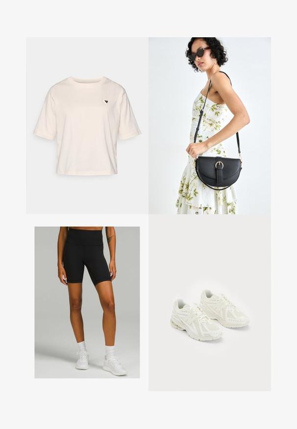 Világos bézs színű, pamutból készült crop t-shirt. Rövid ujjakkal és kis háromszög alakú logóval rendelkezik a bal mellen. Egyszerű dizájn, laza fazon.; Fekete, magas derekú kerékpáros nadrág, rugalmas anyagból készült, slim fit szabással és combközép hosszúsággal, amelyhez fehér sportcipőt és zoknit visel.; Fehér sportcipők hálós és szintetikus anyagokból, fűzős dizájn, párnázott bokarésszel és érdes talppal a tapadás érdekében. Könnyű felépítés.; Fekete bőrtáska ívelt formával, levehető pánttal és arany színű fémrészekkel. A táskán egy csattal díszített fedél található.