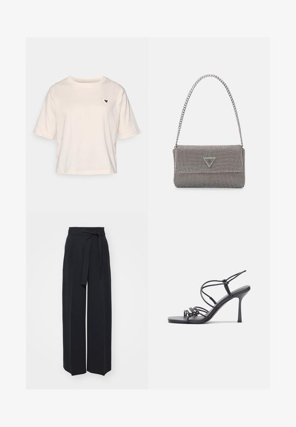 Lyse beige cropped t-shirt lavet af bomuld. Har korte ærmer og et lille trekantet logo på venstre bryst. Simpelt design, afslappet pasform.; Vide sorte bukser lavet af blød stof. Har en bælteholdbar talje og frontfolder. Glat tekstur med et rent, moderne design.; Sorte højhælede sandaler med tynde stropper og en knyttet design, en glat firkantet tå og en slank stiletto hæl.; Lys grå metallisk håndtaske med kædestrop, dekoreret med små runde metalliske studs og et trekantet brandlogo.; Sølv hoop øreringe med en glat, skinnende overflade. Rundet form, letvægtsdesign med post-back lukning.