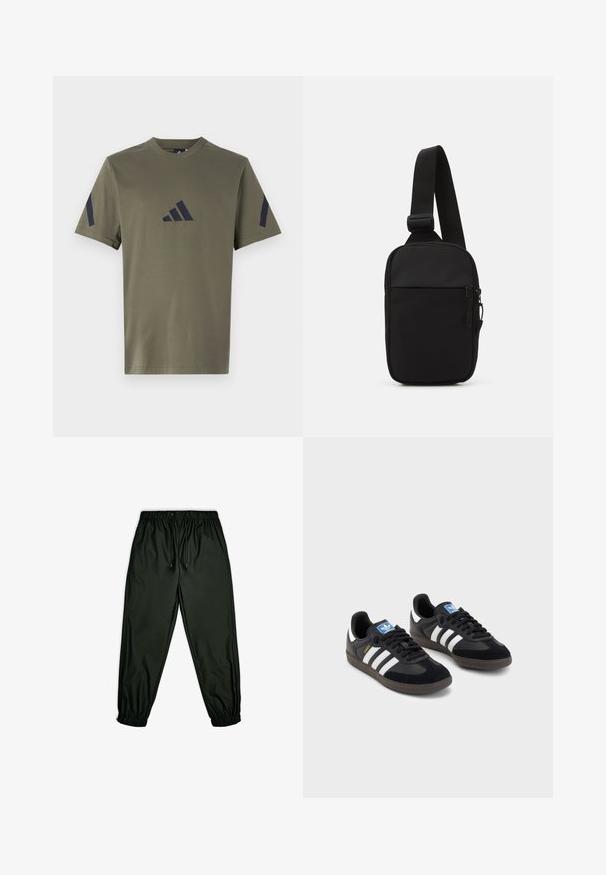 T-shirt de algodão verde-oliva com mangas curtas, decote redondo e detalhes em azul-marinho. Apresenta um pequeno logotipo escuro na parte da frente.; Calças de treino pretas, feitas de um material suave e leve, com um cós elástico com cordão e punhos elásticos nos tornozelos.; Sneakers pretos com parte superior em camurça e sintético, apresentando três riscas brancas, sola de borracha texturizada e etiqueta azul no linguete.; Bolsa de ombro preta feita de tecido durável, apresentando uma única alça ajustável, um compartimento principal com fecho de correr e um bolso frontal.