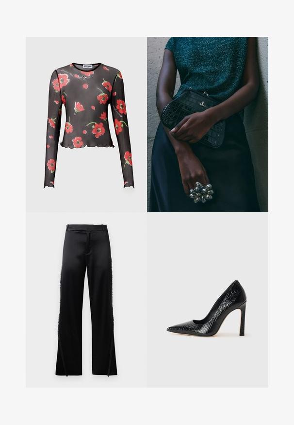 Fekete áttetsző, hosszú ujjú felső, piros virágmintával, hullámos szegéllyel és nyomtatott felirattal. Könnyű, átlátszó anyagból készült.; Fekete selyem nadrág, széles szárakkal, oldalsó varrásain frufru részletekkel és lapos elülső derékrészes. Egyszerű hátul zsebek nélkül.; Fekete hegyes orrú magassarkú cipő krokodilbőr textúrával, letisztult dizájnnal, magas tűsarkú és sima fekete belső résszel.; Fekete krokodilbőr mintázatú válltáska ezüst hardware-rel, egy texturált szürke háttér előtt tartva. Fényes felülettel rendelkezik.