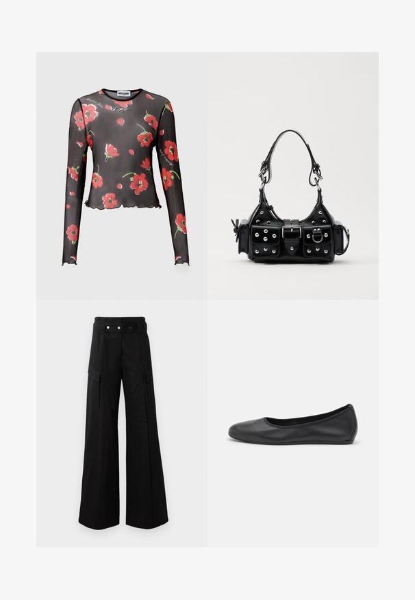 Must mustriga, pikkade varrukatega pealne, millel on punased lillemustrid, sakiline äär ja trükitud kiri. Valmistatud kerge, läbipaistvast kangast.; Mustad laiad püksid kõrge vöökohtaga, suured küljetaskud, kaks esimest nööpi ja silmuse detailiga. Valmistatud tugevast kangast.; Musthave mustika tantsutossud mustast nahast, ümmarguse varbaga, siledast tekstuurist, minimaalse õmblusdetailiga ja paindliku tallakujundusega.; Must värvi nahast käekott, millel on kaarjas disain, hõbedased nupukesed, kinnitusahe ja kaks külgtaskut. Reguleeritav rihm erinevate kandmisvõimaluste jaoks.