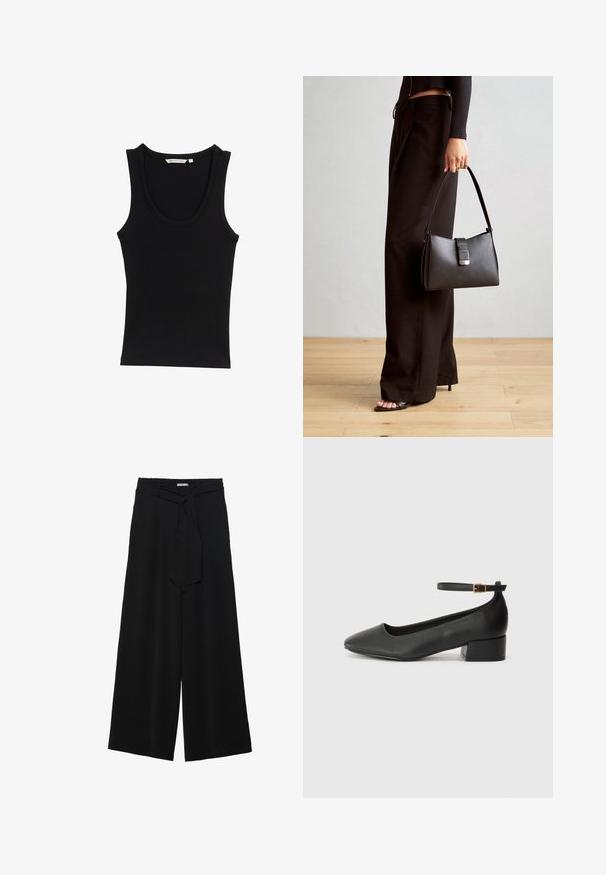 Czarny top na ramiączkach wykonany z prążkowanej tkaniny, z okrągłym dekoltem i szerokimi ramiączkami. Brak widocznych wzorów lub akcentów.; Czarne spodnie szerokie z teksturowanej tkaniny, z elastycznym paskiem w talii i odpinanym paskiem w talii dla regulowanego dopasowania.; Czarne skórzane szpilki z ostrym noskiem i niskim słupkowym obcasem. Wyposażone w pasek na kostkę z złotym zapięciem. Gładka tekstura.; Czarna torebka o usztywnionym kształcie, gładkiej fakturze i metalowym zapięciem. Połączona z szerokimi czarnymi spodniami i sandałami na otwartym palcu na drewnianej podłodze.