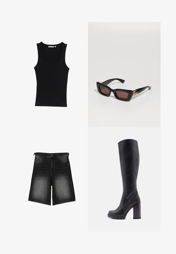 Black tank top made of ribbed fabric, featuring a scoop neckline and wide shoulder straps. No visible patterns or accents.; Black denim shorts featuring a faded finish, five pockets, a button closure, and belt loops. The fabric has a smooth texture.; Black knee-high boot, smooth leather material, chunky heel, rounded toe, textured sole with grip, sleek design without embellishments.; Black tortoiseshell sunglasses with rectangular lenses, brown tint, thick frame, and gold double-G logo detail on the temple.; Gold-tone hoop earrings with a tortoiseshell-patterned resin outer edge, featuring a smooth finish and a sleek, circular shape.