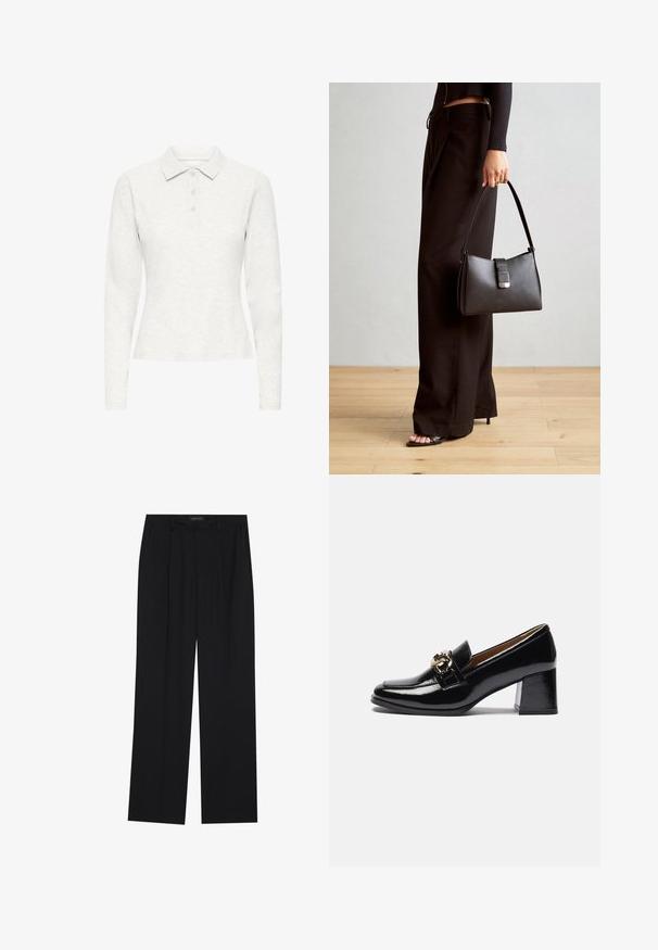 Wit poloshirt met lange mouwen en drie knopen, van zacht textiel, met een klassieke kraag, weergegeven vanuit het front tegen een effen achtergrond.; Zwarte broeken met een rechte pijpontwerp, voorzien van twee voorkanten zakken en een tailleband. Gemaakt van een gladde, lichte stof.; Zwarte gepatineerde leren instappers met hak, voorzien van een ronde neus, een chunkier hak en een gouden hardware accent op de voorband.; Zwarte handtas met gestructureerde vorm, gladde textuur en een metalen sluiting. Gecombineerd met brede zwarte broeken en sandalen met open teen op een houten vloer.