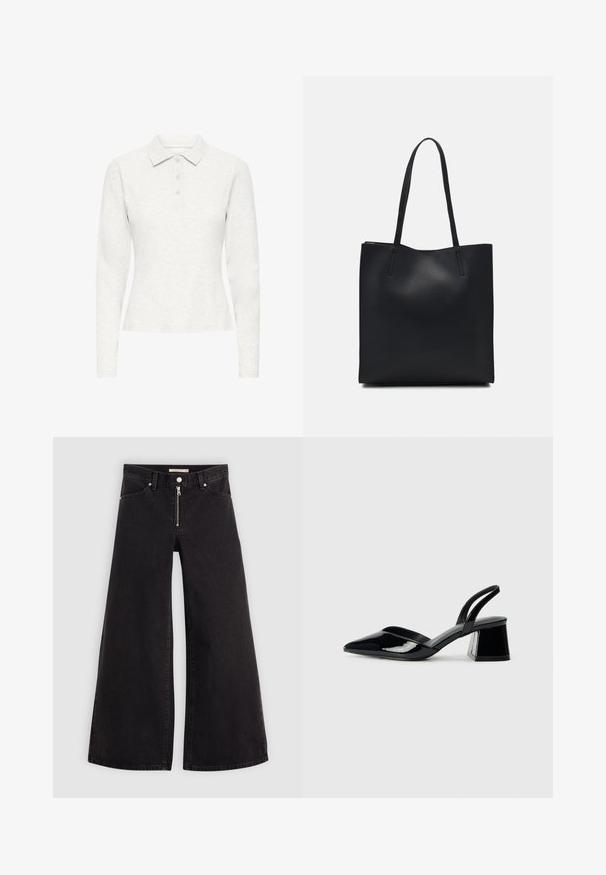 Pikend käistega valge polo särk, kolme nupuga, pehme tekstuuriga kangas ja klassikaline krae, kuvatud esifaasist ühetoonilise tausta ees.; Laiad teksad mustast denimist, millel on lukuga eesmine osa, viie taskuga disain ja peened õmblusdetailid. Sile tekstuur ja juhuslik stiil.; Mustad musta lakknahk kingad, millel on terav varvas ja geomeetriline plokkkonts. Omab elegantselt minimalistlikku disaini ja sujuvat tekstuuri.; Mustast nahast kott sujuva tekstuuriga, ristkülikukujuline ja kahe pika sangaga. Pole nähtavat riistvara ega kaunistusi.