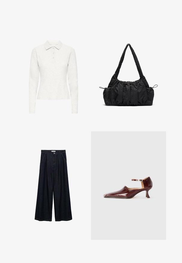 Biała koszulka polo z długim rękawem, z trzema guzikami, wykonaną z miękkiego materiału i o klasycznym kołnierzyku, ukazana frontowo na jednolitym tle.; Ciemnoniebieskie spodnie o szerokich nogawkach z wysokim stanem, z zamknięciem na guzik z przodu, dwoma bocznymi kieszeniami oraz detalami w szwach.; Burgundowe lakierowane buty na obcasie z wąskim noskiem, paskiem na kostkę i 5 cm stożkowym obcasem. Gładka tekstura i minimalistyczny design.; Czarna torebka z tkaniny z marszczoną fakturą, z dwoma ramiączkami i sznurkiem do ściągania po bokach. Gładki, lekki materiał.