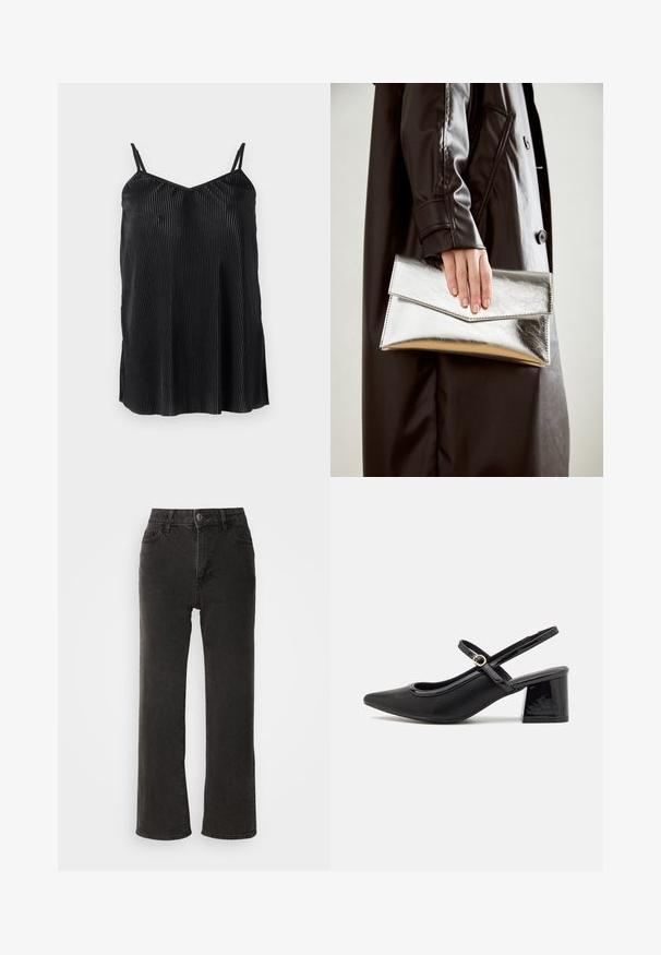 Top de tirantes finos ajustables en color negro, con pliegues verticales y una textura suave, diseñado con un dobladillo recto y un corte relajado.; Vaqueros anchos negros de mezclilla, con cierre frontal de botón, trabillas para el cinturón y cinco bolsillos, con una textura ligeramente deslavada.; Tacones slingback de charol negro con punta afilada, un diseño de corte redondeado y tacón bloque. Incluye un detalle de hebilla en tono dorado.; Clutch metálico plateado con un diseño de sobre angular, textura suave y color interior en contraste, sostenido en una mano que lleva un abrigo negro.