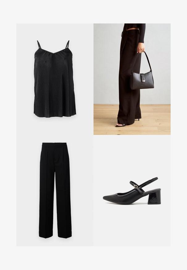 Svart cami-top med tynne justerbare stropper, med vertikale folder og en glatt tekstur, designet med en rett kant og avslappet passform.; Svarte vide bukser med en glatt tekstur, med flat front, folder og en skreddersydd midje. Ingen synlig maskinvare eller mønster.; Sorte lakk lær slingback hæler med spiss tå, et avrundet utskjæringsdesign og blokkheel. Har en gulltone spenne som detalj.; Svart håndveske med strukturert form, jevn tekstur og metallisk lås. Kombinert med brede svarte bukser og sandaler med åpen tå på tregulv.