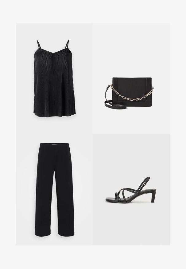 Musthave mustripsiga must rinnahoidja, millel on püstised voldid ja sile tekstuur, sirge äär ja mugav lõige.; Mustad laiad püksid elastse vöökohtaga. Valmistatud tekstuurilisest materjalist, millel on lõtv istuvus ja sirge lõige puusadest heleni.; Mustast rihmajalatsid ruudukujulise varba ja madala ploki kontsaga. Omab mitmeid õhukesi rihmasid ja reguleeritavat pahkluu rihma. Valmistatud siledast nahast.; Mustast nahast õlakott, mis omab siledat tekstuuri, ristküliku kuju ning esiküljel metallketi detaili. Reguleeritav rihm on kaasas.