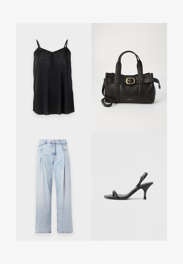 Zwarte camisole top met dunne verstelbare bandjes, voorzien van verticale plooien en een gladde textuur, ontworpen met een rechte zoom en een ontspannen pasvorm.; Lichtblauwe denim jeans met een hoge taille, wijde pijpen, twee zijzakken en geplooid ontwerp. Zachte textuur met een vervaagd uiterlijk.; Zwarte leren sandalen met hoge hakken, een slanke, gebogen hak en een gekruist bandontwerp. Verstelbare enkelband. Soepele textuur.; Zwarte leren handtas met een gestructureerd ontwerp, dubbele handgrepen aan de bovenkant, een gouden gespaccent en een geperst merklogo aan de voorkant.
