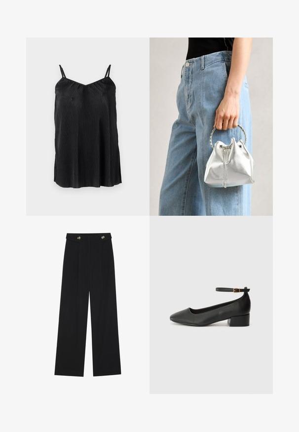 Camisola preta com alças finas ajustáveis, apresentando pregas verticais e uma textura suave, desenhada com uma bainha reta e um corte relaxado.; Calças largas pretas com cintura alta, detalhes em botão na cintura e pregas frontais.; Sandal de pele preta com bico pontiagudo e um salto bloco baixo. Apresenta uma tira no tornozelo com uma fivela em tom dourado. Textura suave.; Saco de balde prateado metálico com um acabamento texturizado, adornado com uma pega redonda prateada e fecho de cordão, segurado contra jeans azul claro.