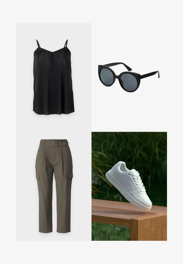 Top de tirantes finos ajustables en color negro, con pliegues verticales y una textura suave, diseñado con un dobladillo recto y un corte relajado.; Pantalones cargo en verde oliva, hechos de tela ligera. Las características incluyen una cintura con cinturón, pliegues frontales y bolsillos laterales con cierres de solapa.; Zapatilla blanca con un upper sintético suave, caja de dedos perforada, cordones planos y una suela texturizada, exhibida sobre una superficie de madera.; Gafas de sol negras de gran tamaño con forma de ojo de gato, lentes oscuros y montura de plástico brillante. Presenta patillas gruesas para mayor soporte.; Bolso tote de ante marrón con una textura suave, que presenta una sola correa para el hombro y una sutil apertura curva en la parte superior. Sin detalles de herrajes visibles.