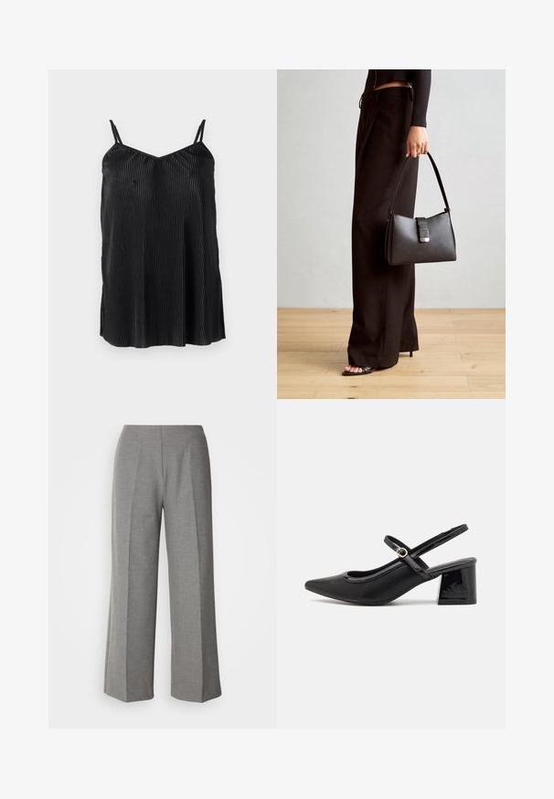 Melna topiņa ar plānām regulējamām siksniņām, ar vertikālām krokām un gludu tekstūru, veidota ar taisnu apakšmalu un brīvu piegriezumu.; Pelēki piegriezti platajiem biksēm ar gludu tekstūru, ar plakanu priekšpusi un asām krokām katrā kājā.; Melns patentēts ādas sandales ar norādīta pirksta formu, noapaļotu izgriezuma dizainu un bloķētu papēdi. Iezīmēta ar zelta toņa sprādzi.; Melnā somiņa ar strukturētu formu, gludu tekstūru un metālu sprādzi. Saskaņota ar platām melnām biksēm un sandālēm ar atvērtu purngalu uz koka grīdas.