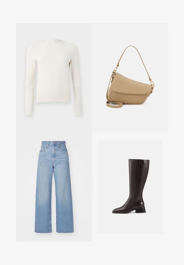 Dopasowana bluzka z długim rękawem w kolorze kremowym, z falbaniastym dekoltem w serek i dołem, eksponowana na jednolitym jasnoszarym tle.; Jasnoniebieskie jeansy z wysokim stanem i szerokimi nogawkami, z zapięciem na guziki i zamek z przodu, przednie i tylne kieszenie, na białym tle.; Kozaki skórzane w kolorze brązowym, sięgające do kolan, z gładkim wykończeniem, zaokrąglonym noskiem i czarnym, podwyższonym obcasem. Prosty design z minimalną ilością detali metalowych.; Even&Odd - Torebka