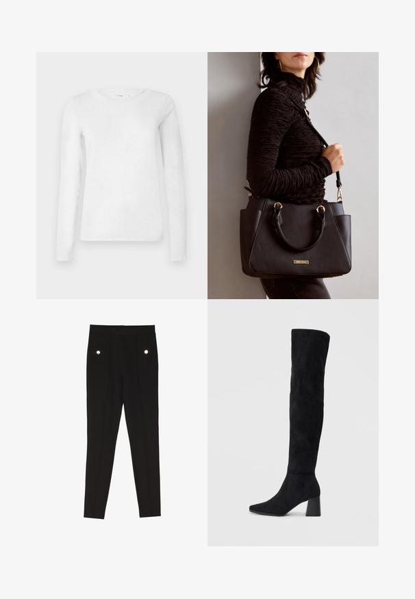 Camisola de algodão de manga longa branca para mulheres, com decote redondo, exibida sobre um fundo branco liso.; Calças pretas ajustadas com uma textura suave, apresentando dois bolsos laterais com acessórios decorativos em metal e um design slim-fit.; Bota de camurça preta até ao joelho com salto bloco, bico fino e design suave e sem costuras sobre um fundo claro.; Bolsa preta com superfície texturizada, alças superiores duplas e alça de ombro ajustável. Apresenta ferragens em tom dourado e bolsos laterais.