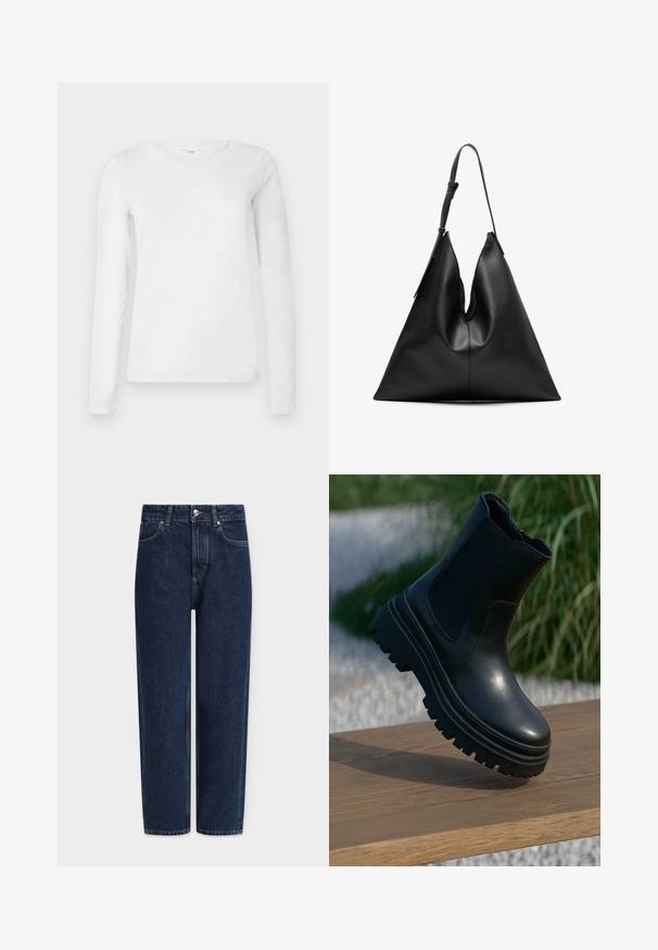 Witte dames lange mouw katoenen t-shirt met ronde hals, weergegeven op een eenvoudige witte achtergrond.; Donkerblauwe spijkerbroek met rechte pijpen, hoge taille, zilveren beslag, voorzakken en subtiele stikseldetails. Klassiek ontwerp met vijf zakken.; Zwarte leren enkelboot met een chunky zool, elastische zijkanten en een gladde afwerking. Verhoogd ontwerp met contrasterende profieldetails.; Zwarte leren driehoekige handtas met een enkele verstelbare schouderriem en een zachte, iets slappe structuur.