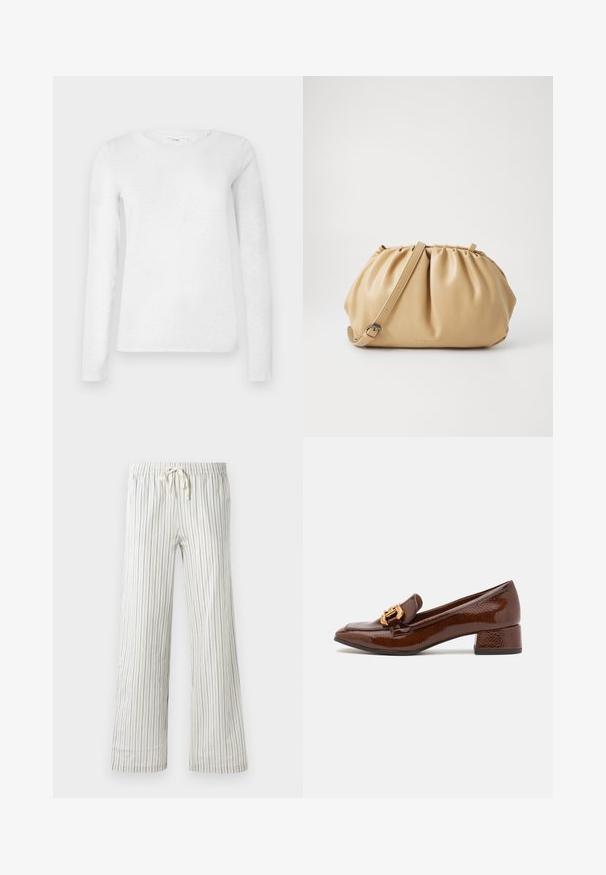 Weißes Langarm-Baumwoll-T-Shirt für Frauen mit Rundhalsausschnitt, auf einem schlichten weißen Hintergrund präsentiert.; Weiße Jogginghose mit dünnen vertikalen blauen Streifen und elastischem Bund, frontal auf einem einfarbigen Hintergrund präsentiert.; Braune Lederloafers mit glänzender Oberfläche, ausgestattet mit einer dekorativen goldenen Schnalle an der Vorderseite und einem niedrigen Blockabsatz. Klassisches Design.; Tasch in hellbraunem Leder mit gefälteltem Design, verstellbarem Tragegurt und runder Form. Minimalistische Markenkennzeichnung auf der Vorderfläche.