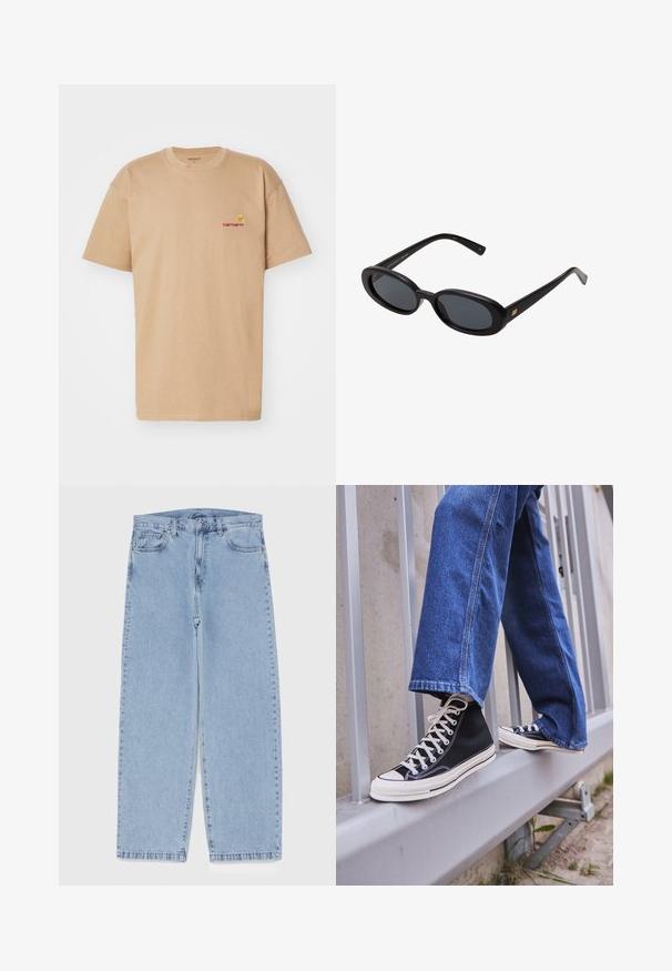 Beige Baumwoll-T-Shirt mit kurzen Ärmeln, Rundhalsausschnitt und rot gesticktem Carhartt-Logo auf der linken Brust. Einfache, lässige Passform.; Hellblaue Jeans aus Denim mit geradem Bein, ausgestattet mit einer mittelhohen Taille, fünf Taschen sowie einem Knopf- und Reißverschluss.; Schwarze High-Top-Sneaker mit weißer Sohle und Schnürsenkeln, kombiniert mit lockeren blauen Jeans, die auf einem grauen Geländer ruhen.; Schwarze, oversized Sonnenbrillen mit ovalen Gläsern, glattem Kunststoffrahmen und goldenen Akzenten an den Bügeln. Die dunklen Gläser bieten Sonnenschutz.