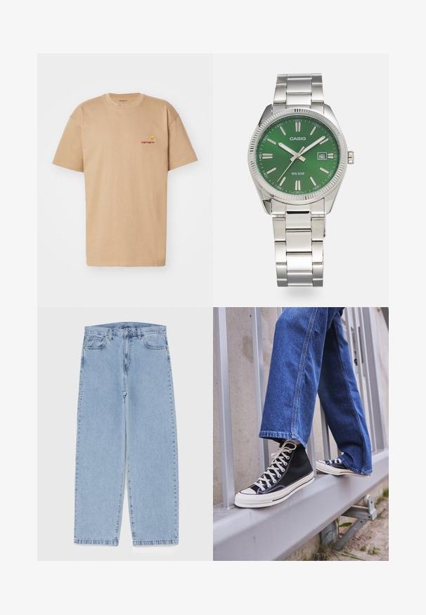 T-shirt in cotone beige con maniche corte, collo a giro e logo Carhartt rosso ricamato sul lato sinistro del petto. Design semplice e dal taglio rilassato.; Jeans in denim azzurro chiaro con design a gamba dritta, caratterizzati da una vita media, cinque tasche e chiusura con bottone e zip.; Scarpe da ginnastica nere alte con suola e lacci bianchi, abbinate a jeans di denim blu larghi, appoggiate su un parapetto grigio.; Orologio in acciaio inossidabile argentato con quadrante rotondo verde, marcatori delle ore argentati, display della data e bracciale a maglie in metallo. Resistente all'acqua fino a 50 metri.