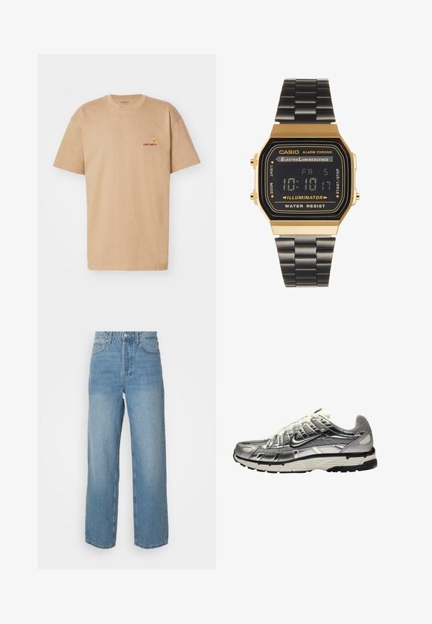 Bež majica od pamuka s kratkim rukavima, okruglim izrezom i crvenim Carhartt logotipom izvezenim na lijevoj strani prsnog koša. Jednostavan, opušteni kroj.; Svijetloplave traperice viskog struka s ravnim nogavicama, prednjim kopčanjem na gumbe i pet džepova na jednobrojnoj pozadini.; Srebrno-crna atletska cipela s gornjim dijelom od mrežice i sintetičkog materijala, voluminoznog dizajna i teksturirane završne obrade. Ima podstavljen ovratnik i gumu potplat.; Digitalni ručni sat s pravokutnim kućištem u zlatnoj boji, crnim LCD zaslonom i crnom metalnom narukvicom. Značajke uključuju alarm i otpornost na vodu.