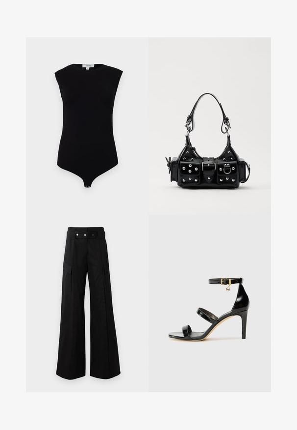 Juodas be rankovių bodis su aukštu apykakle, minkšta medžiaga ir spaudžiamu užsegimu apačioje. Lygus paviršius ir aptemptas dizainas.; Juodos platėjančios kelnės su aukštu juosmeniu, turinčios dideles šonines kišenes, dvi priekinės mygtukus ir kilpelės detalę. Pagamintos iš tvirto audinio.; Juodas patentuotas odinis sandalai su trimis diržais, kulkšnies sagtimi ir 4 colių stiletto kulnu. Yra aukso detalės ir logotipo žavesys.; Juodas odinis rankinukas su kreiviu dizainu, su sidabro spalvos knopkėmis, užsegimu ir dviem šoninėmis kišenėmis. Reguliuojama dirželis nešimui.