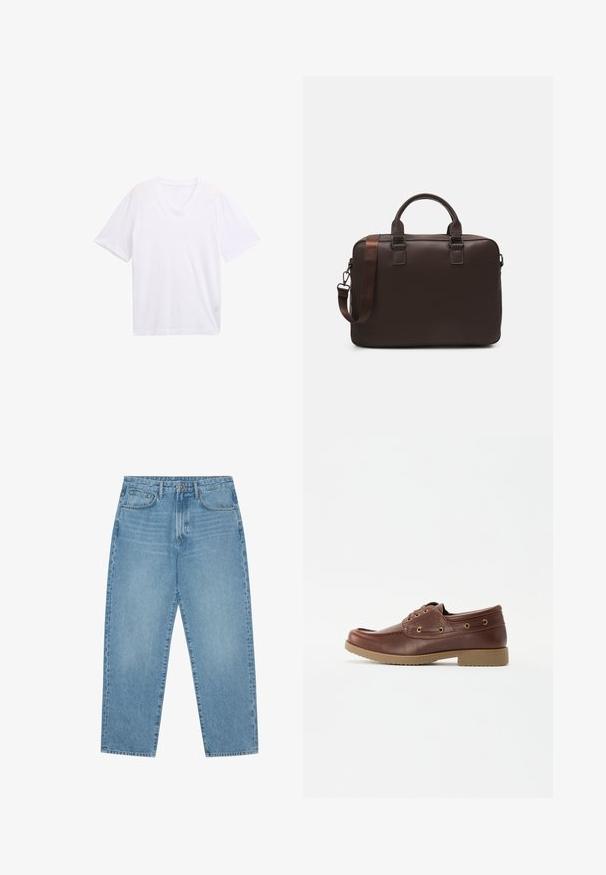 White V-neck t-shirt made of lightweight cotton. Short sleeves and a relaxed fit. Smooth texture with no graphic patterns or accents.; Light blue denim wide-leg jeans with a high waist, featuring five pockets, belt loops, and a soft, slightly faded texture.; Brown leather boat shoe with a rounded toe, textured sole, gold eyelets, and stitching detail along the upper for a classic design.; Brown leather laptop bag with a textured surface, dual top handles, adjustable strap, and two front buckles for added detail.