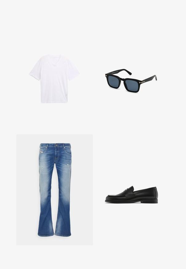 T-shirt bianco a V in cotone leggero. Maniche corte e vestibilità rilassata. Tessuto liscio senza grafiche o dettagli.; Jeans a gambale bootcut in blu sbiadito con leggeri strappi sulle cosce anteriori e design classico a cinque tasche su sfondo bianco.; Mocassini in pelle nera con punta arrotondata, dettagli di cucitura e una fascia decorativa in pelle sulla tomaia; suola piatta in gomma.; Occhiali da sole neri a forma quadrata con lenti scure, finitura opaca e dettagli in metallo dorato sulle tempie, caratterizzati da un design minimalista.