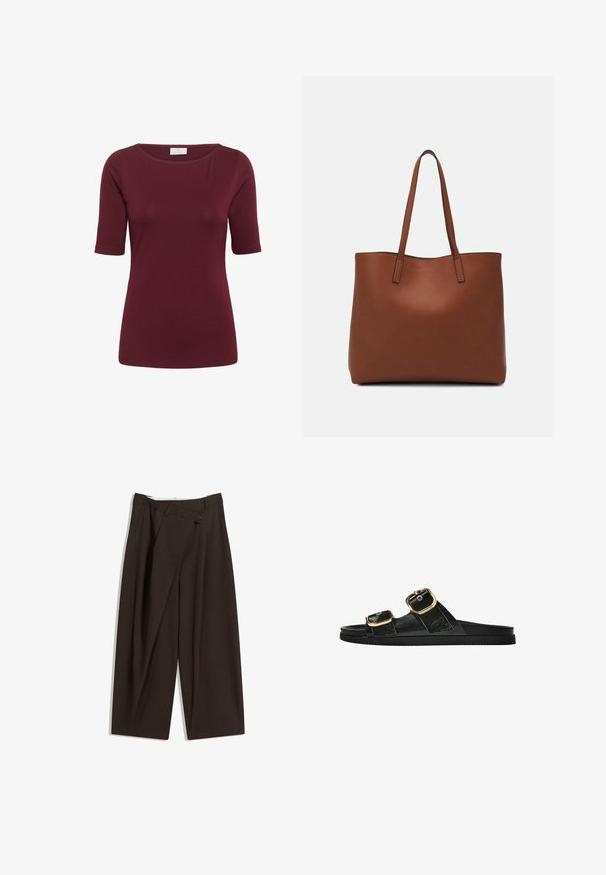 Kaffe YOKO ciemnoczerwony; Ciemnobrązowe szerokie spodnie o wysokim stanie, z pojedynczym zapięciem na guzik i plisowanym przodem. Wykonane z lekkiego materiału.; Czarne klapki z dwoma złotymi klamrami, gładki materiał, płaska podeszwa i minimalistyczny design.; Brązowa skórzana torba tote o gładkiej fakturze, z otwartym wierzchem i dwoma ramiączkami. Charakteryzuje się minimalnym przeszyciem i brakiem widocznych elementów metalowych.