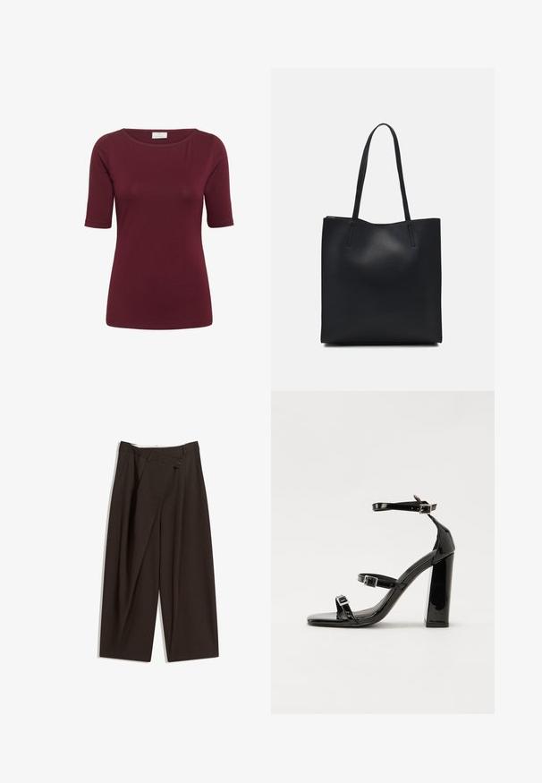 Kaffe YOKO BOATNECK - Osnovna majica kratkih rukava - zinfandel; Tamno smeđe široke hlače s visokim strukom, s jednim dugmadi na zakopčavanju i pregibom sprijeda. Izrađene od laganog materijala.; Crne lakirane sandale na pete sa kvadratnim nosom, trakama oko gležnja i srebrnim kopčama. Imaju čvrst blok petu za stabilnost.; Crna kožna torba za nošenje s glatkom teksturom, pravokutnim oblikom i dvije duge ručke. Nema vidljivih metalnih dijelova ili ukrasa.