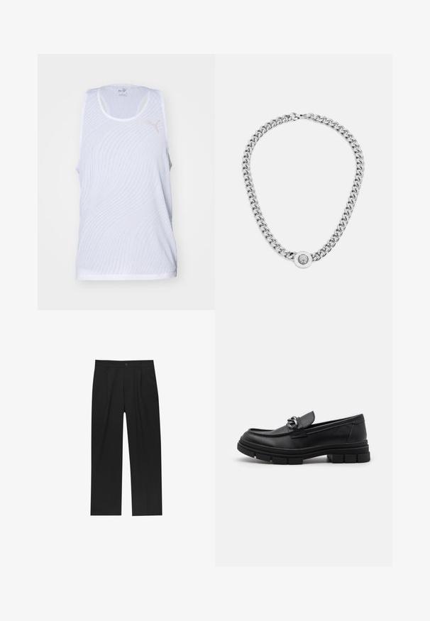 Canotta bianca senza maniche con un motivo a onde, realizzata in tessuto leggero, con un piccolo logo colorato sul lato superiore sinistro.; Pantaloni neri con un design a gamba dritta, realizzati in un tessuto liscio. Presentano pieghe frontali e una chiusura a un bottone in vita.; Mocassino in pelle nera con punta arrotondata, una fascia decorativa e accessori in metallo, e una suola spessa e testurizzata. Finitura liscia con dettagli sottili.; Collana in argento con maglie spesse e un pendente circolare centrale caratterizzato da dettagli intricati. Superficie metallica liscia e riflettente.