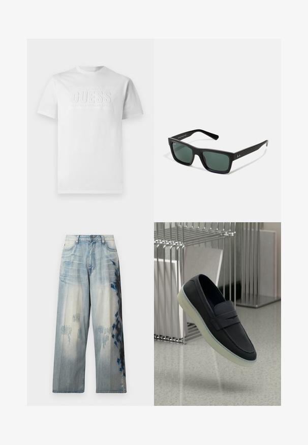 Balta medvilninė marškinėlių su apvaliu iškirpimu, kurio centre yra tekstūruotas logo, sakantis "GUESS EST. 1981 KLASIKINIS AMERIKOS STILIUS."; Šviesiai mėlyni džinsai su plačiais kojomis, pasižymintys nusidėvėjusiomis detalėmis ir abstrakčiomis juodomis bei mėlynomis raštais vienoje pusėje. Klasikinis penkių kišenių modelis.; Jūriniai odiniai batai su apvaliu nosiu, su dekoratyvine juostele ir permatomu guminio padu. Subtilus logotipas šone.; Juodi stačiakampiai saulės akiniai su žaliais lęšiais, turintys matinį paviršių, tiesias auseles ir Ray-Ban logotipą šone.