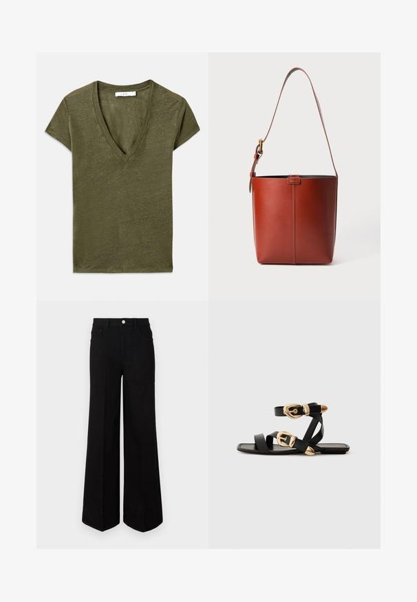 Olíva zöld V-nyakú póló rövid ujjakkal, puha anyagból készült, laza szabású és finom mélang textúrával rendelkezik.; Fekete, bő szárú farmernadrág, strapabíró anyagból készült, magas derékkal, elülső zsebekkel és elöl gombos záródással. Lapos szegély az alján.; Fekete bőr szandál arany csattal, több hevederrel és lapos talpú dizájnnal, nyitott lábujjú viselethez.; Barna bőr vödör táska állítható vállpánttal és aranyszínű csattal, egyszerű függőleges varrással az elején.