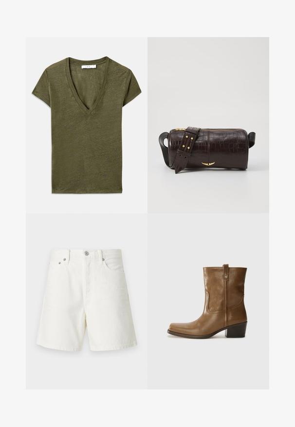 Tricou verde măsliniu cu decolteu în V și mâneci scurte, realizat dintr-un material moale, cu o croială lejeră și o textură ușor melanjată.; Șorturi din denim alb cu croi drept, design cu cinci buzunare, închidere cu nasture în față, elemente de metal argintii și detalii cusute.; Botine din piele maro, cu vârf pătrat, finisaj texturat și toc mic, îngrămădit. Prezentă un tab de tragere la spate și detalii subtile de coasere.; Geantă din piele căptușită cu un model de crocodil de culoare maro, cu o formă cilindrică, accesorii de culoare aurie și un curea detasabilă cu tăieturi.