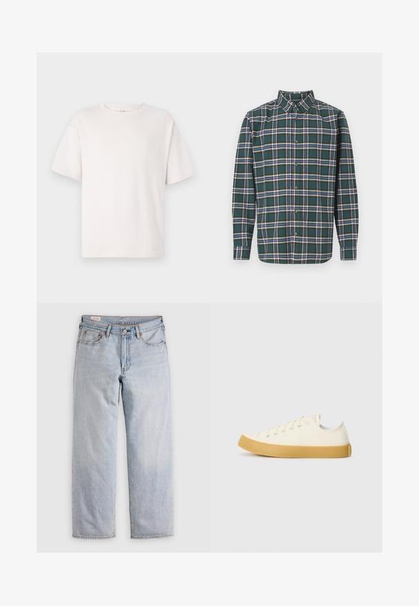 Camiseta blanca de manga corta hecha de suave algodón. Presenta un cuello redondo y un ajuste relajado. Textura lisa sin patrones ni acentos.; Camisa de franela verde con un patrón a cuadros que presenta líneas en azul, blanco y amarillo mostaza. Con botones en el frente y cuello puntiagudo. Mangas largas.; Jeans rectos azul claro con cintura alta, cierre de botón y bolsillos delanteros y traseros, exhibidos sobre una superficie plana.; Zapatillas de lona en color blanco roto con punta redonda, que cuentan con suelas de goma beige y cinco ojetes para los cordones, acabado texturizado en la parte superior.