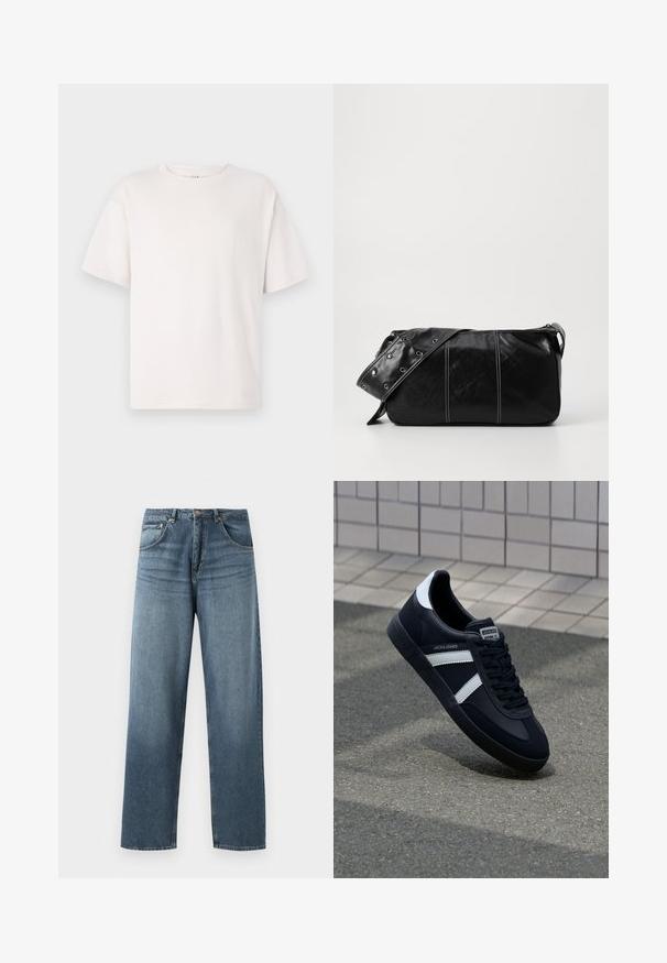 Bela kratka majica s kratkimi rokavi iz mehkega bombaža. Ima okroglo ovratnico in sproščen kroj. Gladka tekstura brez vzorcev ali dodatkov.; Ravno krojene modre kavbojke iz denima z zbledelim pranjem, ki vključujejo pet žepov, kovinsko zaponko in pasek. Strukturirana, srednje težka tkanina.; Črne usnjene superge z belimi črtami, teksturiran gumijast podplat in zavezovanje spredaj. Imajo označeno oznako na ježku.; Črna usnjena torba za ramo z zadrgo, ki ima teksturirano telo, belo šivanje in trak s srebrnimi luknjami.